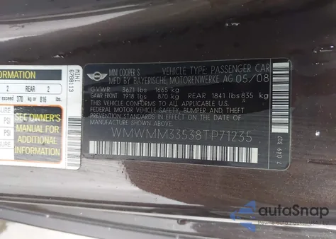 2008 Mini Cooper S Clubman из США, поврежденный, VIN WMWMM33538TP71235